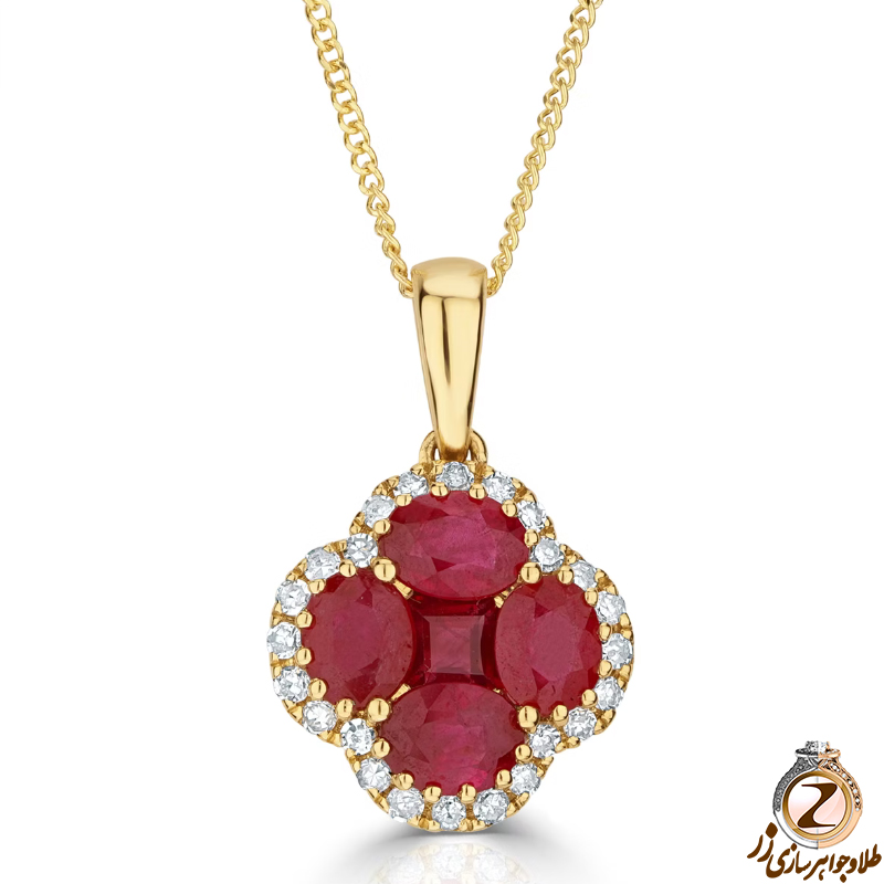 خرید و قیمت پلاک و آویز زنانه طلا زرد 18 عیار جدید جواهر الماس تراش برلیان و یاقوت قرمز طرح گل شبدر چهار برگ - سایت زر