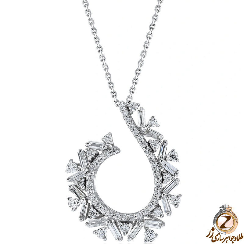 خرید و قیمت آویز الماس تراش باگت و برلیان و طلای سفید 18 عیار زنانه و دخترانه طرح خوشه - سایت زر