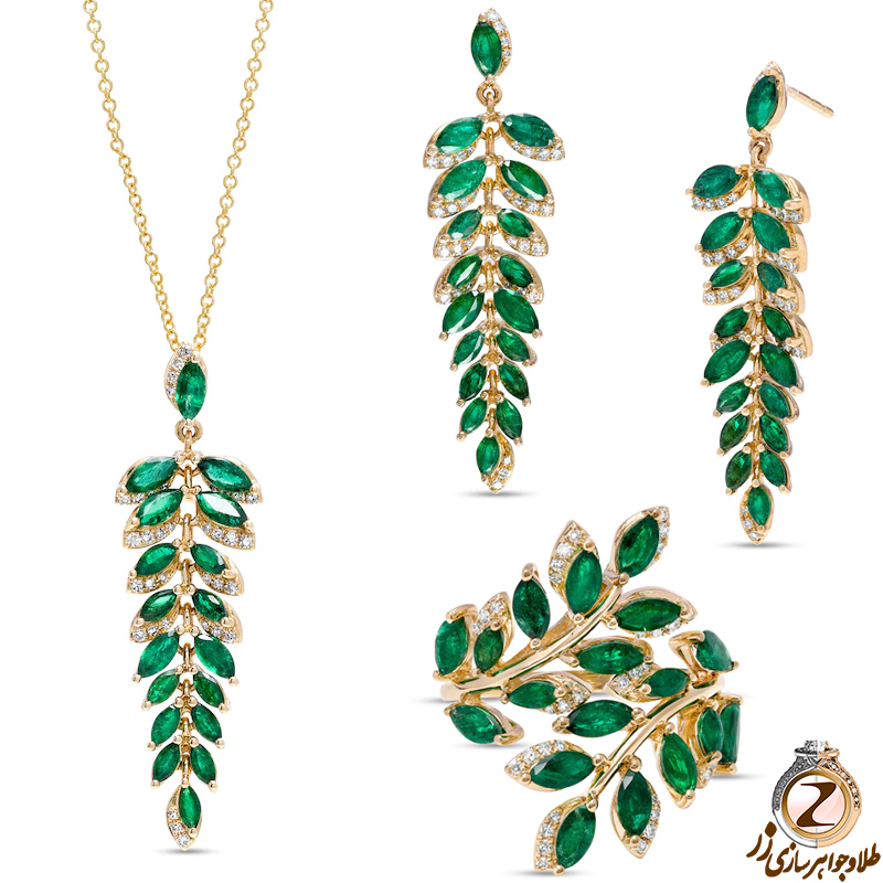 خرید و قیمت نیم ست طلا جدید دخترانه جواهر نگین زمرد تراش مارکیز و الماس تراش برلیان طرح برگ - سایت زر