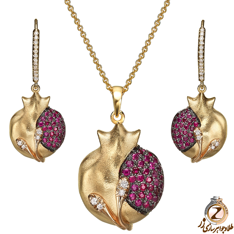 خرید و قیمت نیم ست طلا جدید دخترانه جواهر نگین یاقوت قرمز و الماس تراش برلیان طرح انار - سایت زر