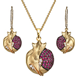  نیم ست طلا جدید دخترانه جواهر نگین یاقوت قرمز و الماس تراش برلیان طرح انار مدل: hsdf1603 