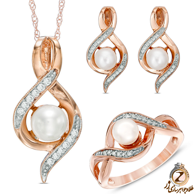 خرید و قیمت نیم ست طلا جدید دخترانه جواهر مروارید و الماس تراش برلیان و طلای رزگلد 18 عیار طرح مینیمال - سایت زر