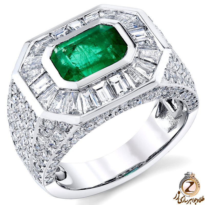 خرید و قیمت انگشتر طلا مردانه خاص جدید جواهر زمرد سبز و الماس تراش باگت و برلیان شیک و لاکچری - سایت زر