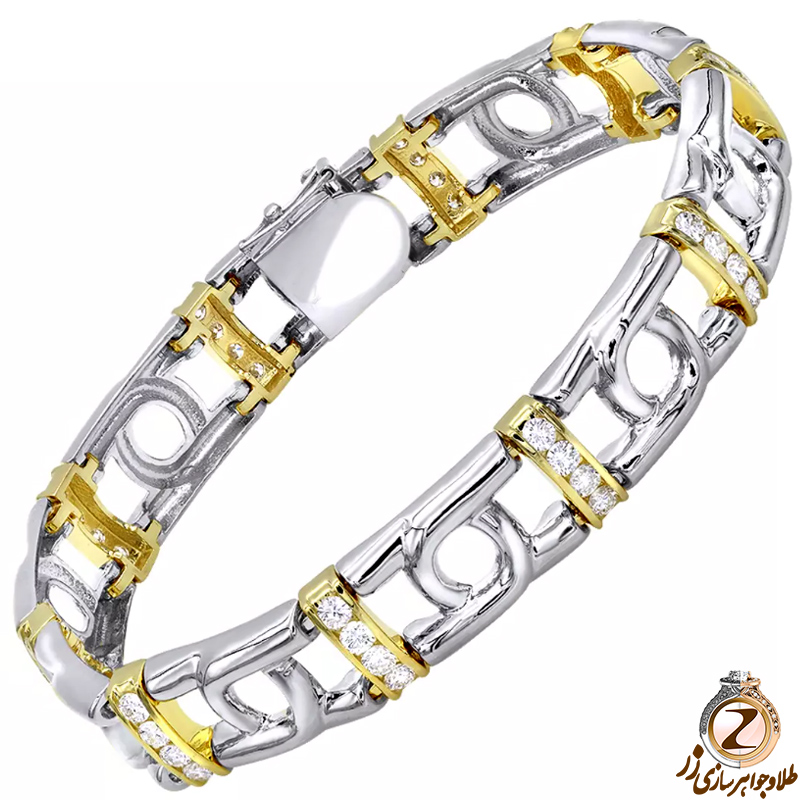 خرید و قیمت دستبند طلا مردانه خاص جدید طلای زرد و سفید جواهر الماس تراش برلیان طرح مینیمال - سایت زر