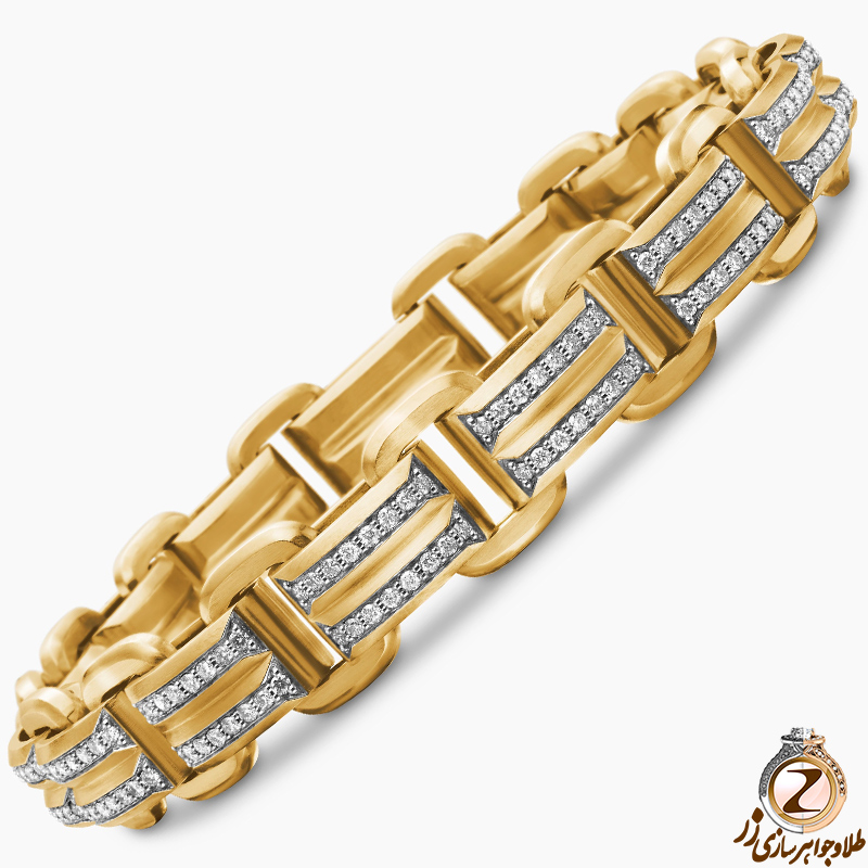 خرید و قیمت دستبند طلا مردانه لاکچری زرد 18 عیار و جواهر نگین الماس تراش برلیان کاری خاص - سایت زر