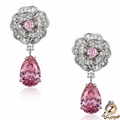 خرید و قیمت گوشواره طلا سفید زنانه 18 عیار و جواهر خاص و لوکس طرح گل با نگین تورمالین و برلیان - سایت زر