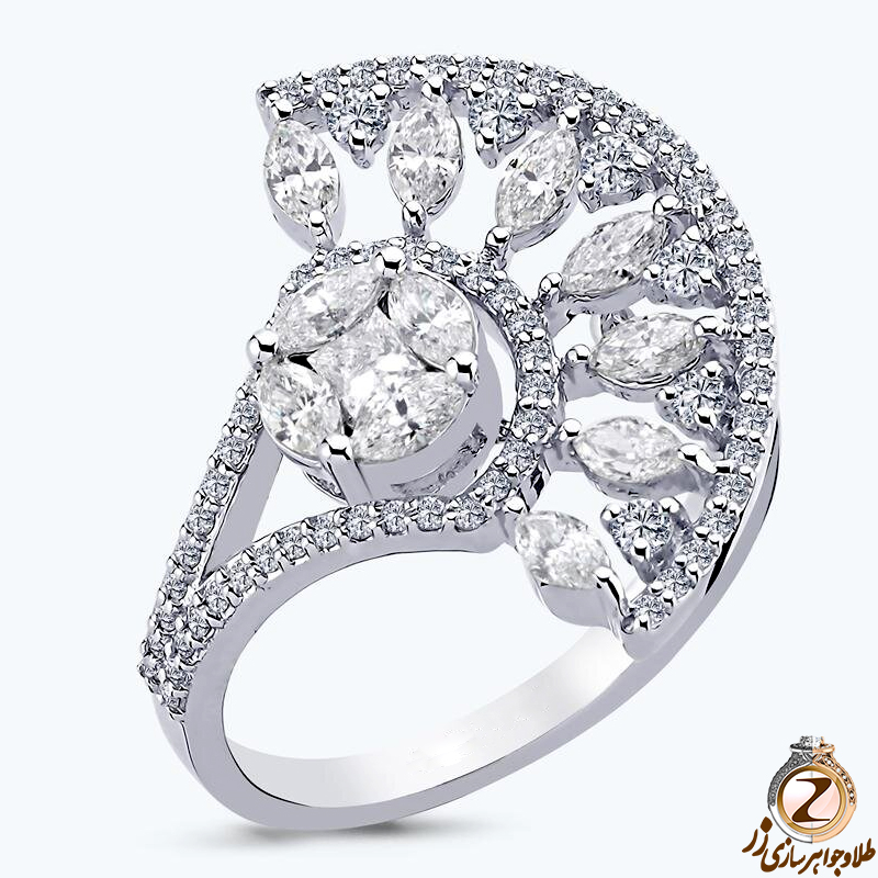 خرید و قیمت انگشتر الماس زنانه طلا سفید 18 عیار نگین جواهر الماس تراش برلیان، مارکیز و پرنس طرح پر طاووس - سایت زر