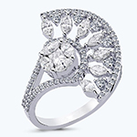 انگشتر الماس زنانه طلا سفید 18 عیار نگین جواهر الماس تراش برلیان، مارکیز و پرنس طرح پر طاووس مدل: wrdf21721 