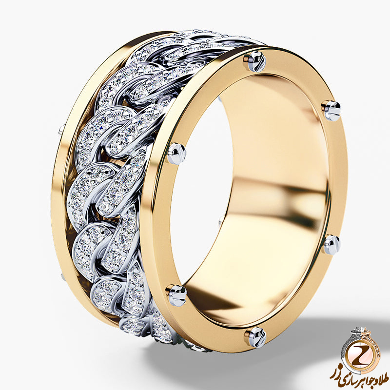 خرید و قیمت انگشتر طلا مردانه خاص رینگ زنجیر کارتیه جواهر نگین الماس تراش برلیان و طلای زرد 18 عیار - سایت زر