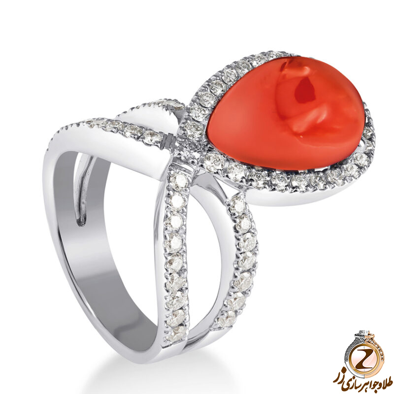 خرید و قیمت انگشتر طلا زنانه سفید 18 عیار و جواهر الماس تراش برلیان و عقیق سرخ طرح آوانگارد - سایت زر