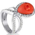 انگشتر طلا زنانه سفید 18 عیار و جواهر الماس تراش برلیان و عقیق سرخ طرح آوانگارد و هنری مدل: rgf1897