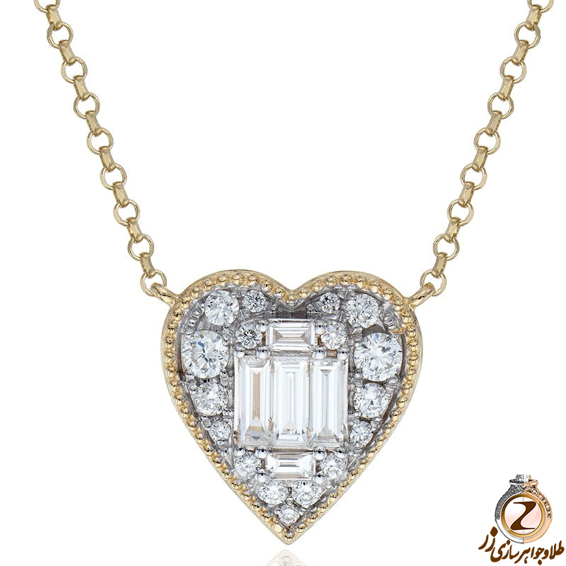 خرید و قیمت آویز قلب طلا سفید 18 عیار و نگین الماس تراش باگت و برلیان زنانه و دخترانه طرح قلب مینیمال - سایت زر