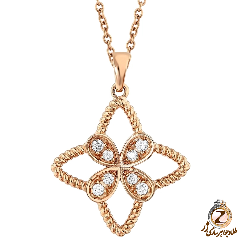 خرید پلاک و آویز الماس زنانه طلا رزگلد 18 عیار جدید جواهر الماس تراش برلیان طرح گل شبدر چهار برگ همراه با قیمت آنلاین در سایت زر