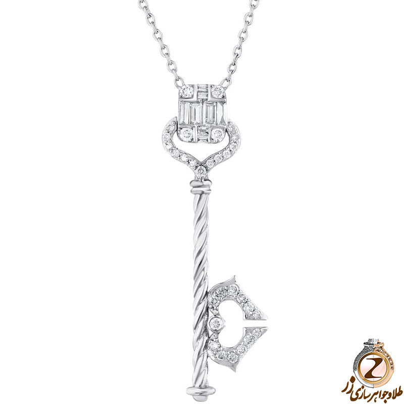 خرید و قیمت پلاک و آویز الماس زنانه طلا سفید 18 عیار جدید جواهر الماس تراش باگت و برلیان طرح کلید - سایت زر