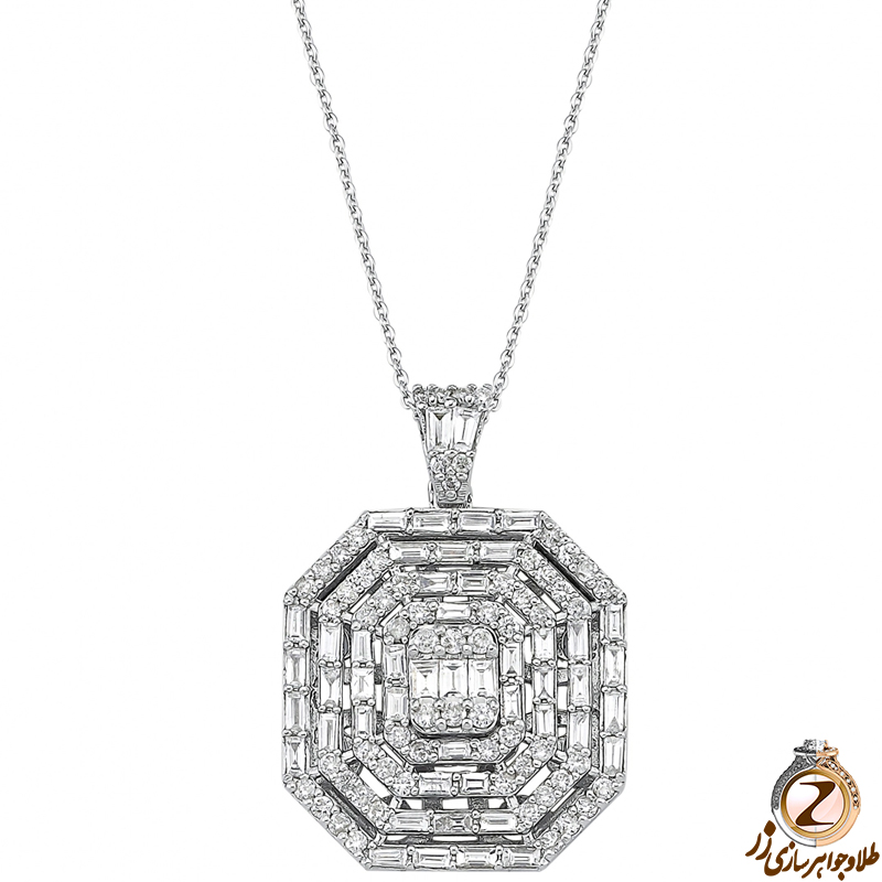 خرید و قیمت آویز باگت و برلیان الماس زنانه و طلا سفید 18 عیار جدید طرح چند ضلعی خاص و لاکچری - سایت زر