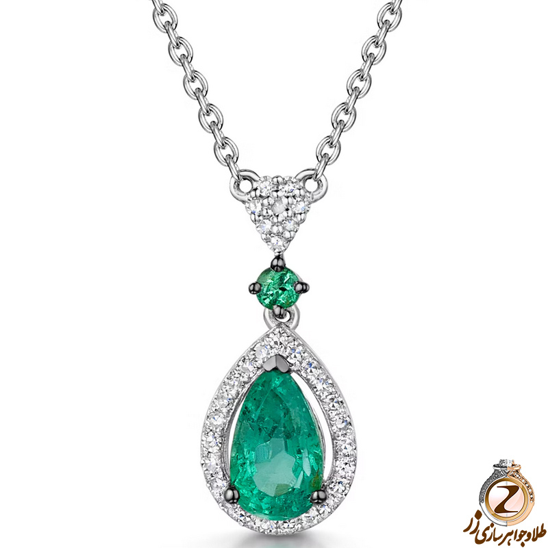 خرید و قیمت آویز طلا زنانه جدید زمرد سبز و الماس تراش برلیان طرح خاص و کلاسیک با طلای سفید 18 عیار - سایت زر