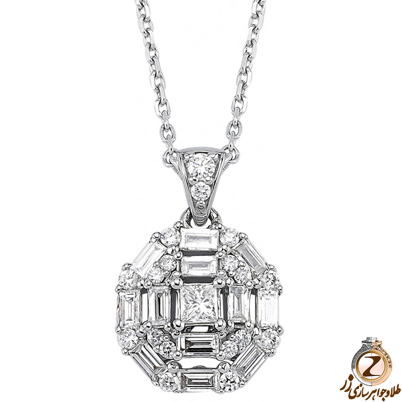 خرید آویز الماس تراش باگت، پرنس و برلیان طرح چند ضلعی جواهر و طلای سفید 18 عیار دخترانه به همراه قیمت در سایت زر
