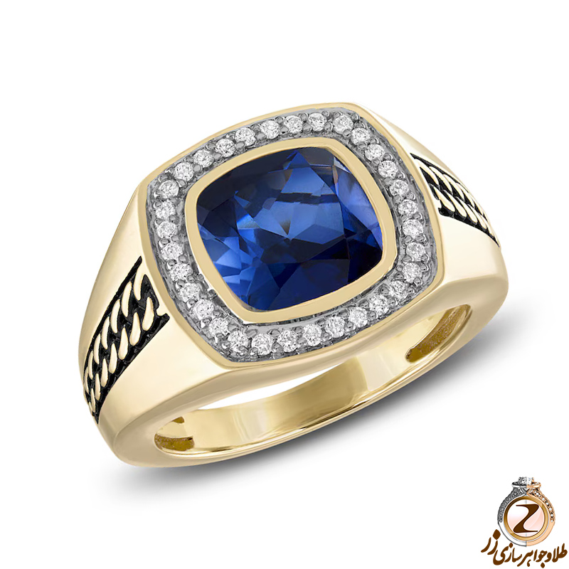 خرید انگشتر طلا مردانه خاص جدید جواهر یاقوت کبود و الماس تراش برلیان سیاه قلم شده به همراه قیمت آنلاین - سایت زر
