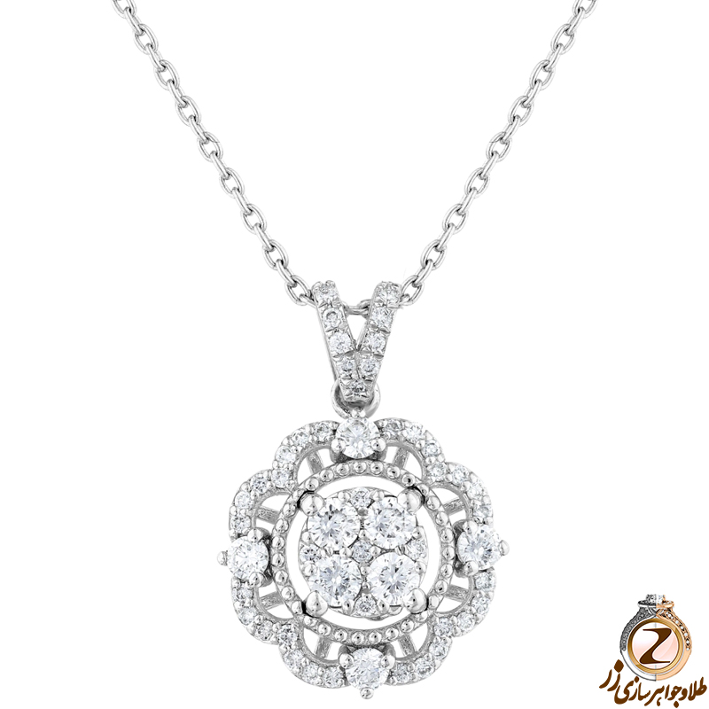 خرید آویز گل الماس تراش برلیان طرح فلاور سفید با جواهر و طلای سفید 18 عیار برای نوعروسان - سایت زر