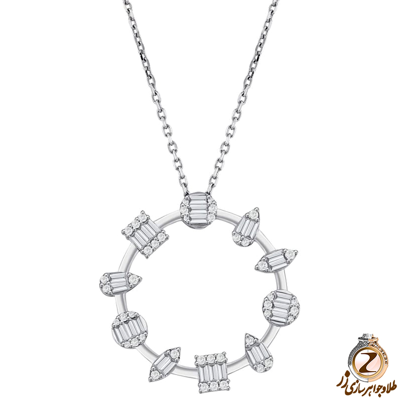 خرید آویز الماس تراش باگت و برلیان طرح دایره شکل با جواهر و طلای سفید 18 عیار طرحی نو و جدید به همراه قیمت در سایت زر