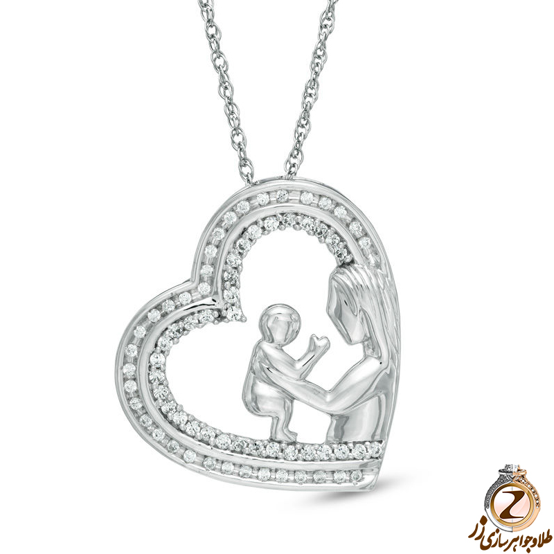 خرید و قیمت آویز طلا مادر و فرزند با نگین جواهر الماس تراش برلیان و طلای سفید 18 عیار در قاب قلب - سایت زر
