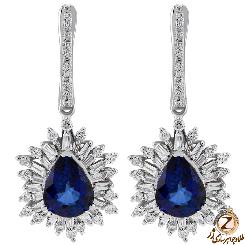 خرید و قیمت گوشواره طلا سفید زنانه 18 عیار و جواهر الماس تراش باگت و برلیان و سنگ یاقوت کبود طرح جدید و ترند - سایت زر