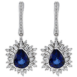 گوشواره طلا سفید زنانه 18 عیار و جواهر الماس تراش باگت و برلیان و سنگ یاقوت کبود طرح جدید و ترند مدل: edf1695