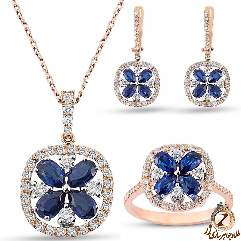 خرید و قیمت نیم ست گل طلا زنانه جدید و جواهر یاقوت کبود تراش اوال و الماس تراش برلیان طرح خاص - سایت زر