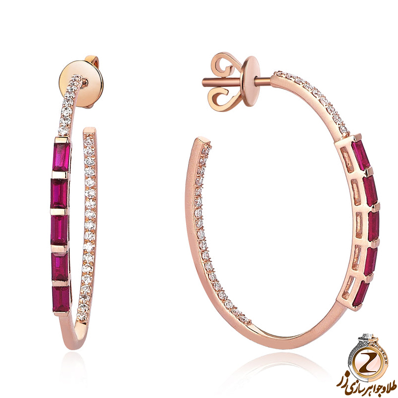 خرید و قیمت گوشواره طلا زنانه جدید 18 عیار و جواهر الماس تراش برلیان و سنگ یاقوت قرمز تراش باگت طرح مینیمال - سایت زر