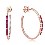 گوشواره طلا زنانه جدید 18 عیار و جواهر الماس تراش برلیان و سنگ یاقوت قرمز تراش باگت طرح مینیمال مدل: edf1696