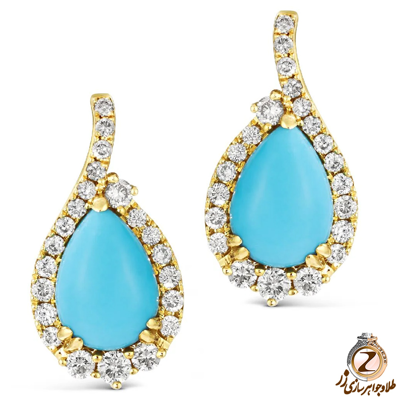 خرید و قیمت گوشواره فیروزه طلا زنانه جدید 18 عیار و جواهر الماس تراش برلیان پشت میخی طرح کلاسیک - سایت زر