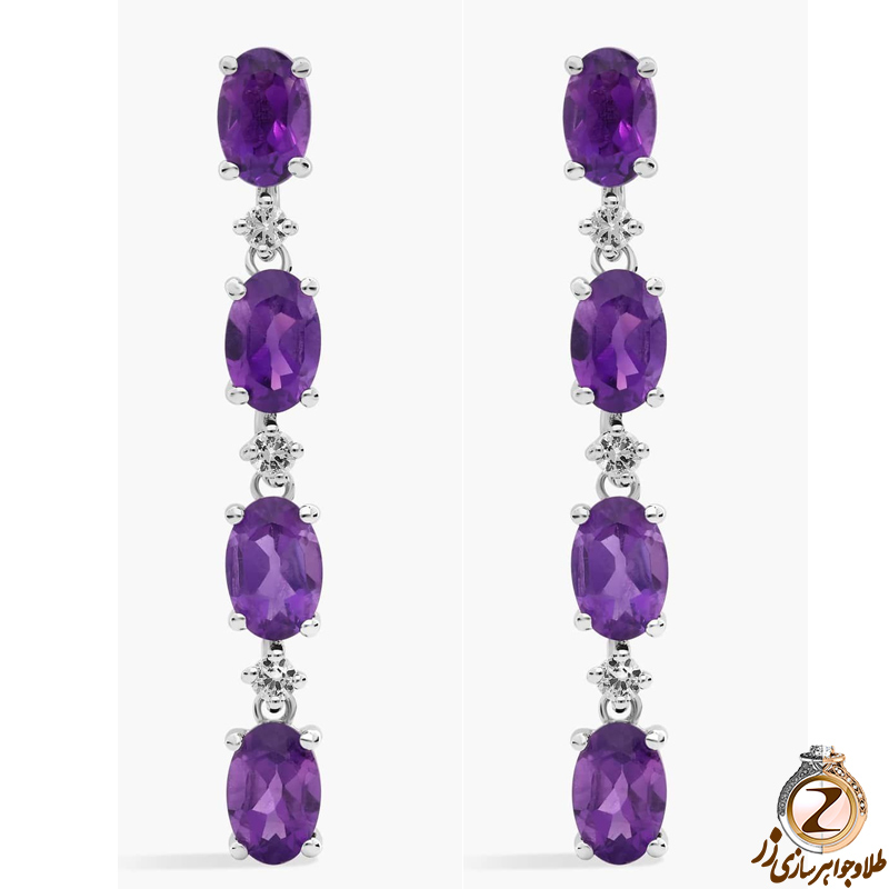 خرید گوشواره طلا زنانه بلند جدید جواهر نگین آمیتیست و الماس تراش برلیان پشت میخی - سایت زر