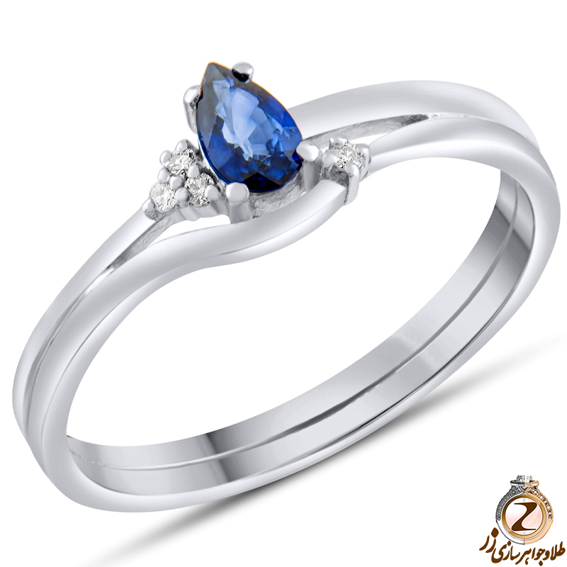 خرید و قیمت انگشتر طلا سفید زنانه جدید جواهر نگین یاقوت کبود و الماس تراش برلیان طرح مینیمال - سایت زر