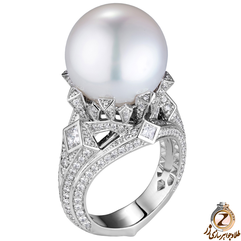 خرید و قیمت انگشتر مروارید و طلا سفید زنانه جدید جواهر نگین الماس تراش پرنس و برلیان طرح لاکچری و خاص - سایت زر