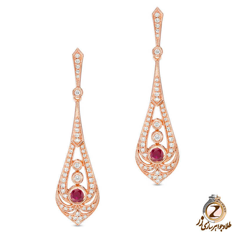 خرید و قیمت گوشواره طلا رزگلد زنانه بلند جدید جواهر یاقوت قرمز و برلیان پشت میخی طرح مخروطی - سایت زر