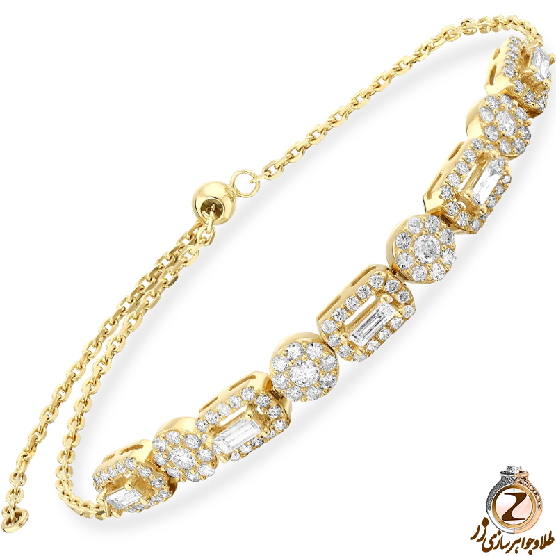 خرید و قیمت دستبند باگت زنانه طلا زرد 18 عیار جدید و جواهر الماس تراش باگت و برلیان طرح مجلسی - سایت زر