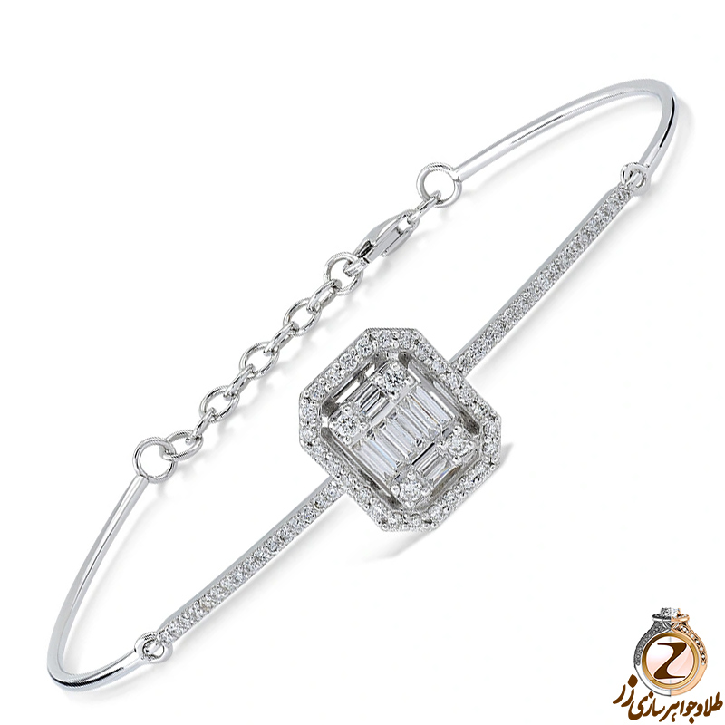 خرید و قیمت دستبند الماس تراش باگت و برلیان زنانه شیک طلا سفید 18 عیار و جواهر طرح مینیمال قاب مستطیل - سایت زر