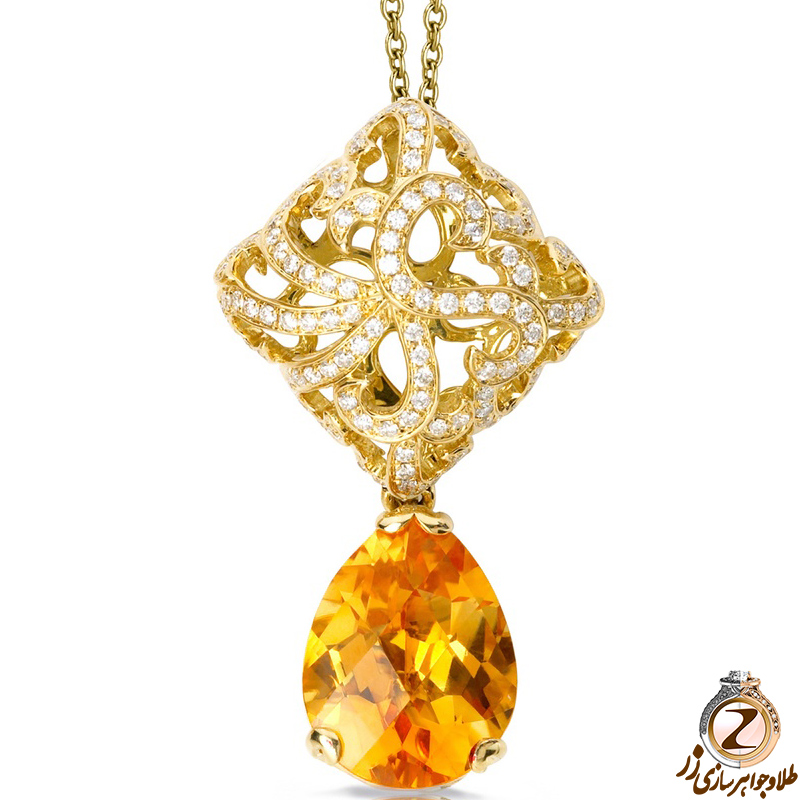 خرید و قیمت پلاک و آویز گردنبند طلا زنانه جدید خاص 18 عیار و جواهر سیترین و الماس تراش برلیان طرح خاص - سایت زر