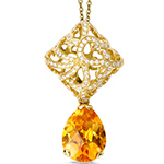 پلاک و آویز گردنبند طلا زنانه جدید خاص 18 عیار و جواهر سیترین و الماس تراش برلیان طرح دراپ مدل npdf13413