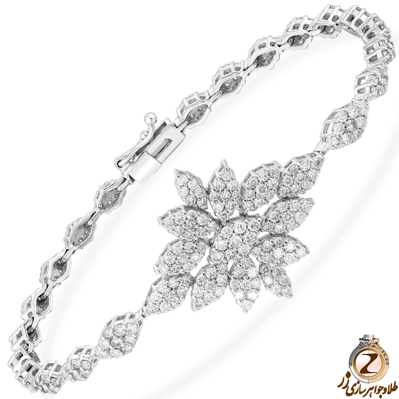 خرید دستبند الماس تراش برلیان زنانه لاکچری جدید طلا سفید 18 عیار و جواهر طرح گل به همراه قیمت آنلاین در سایت زر