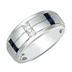 حلقه مردانه طلا سفید 18 عیار جواهر یاقوت کبود و الماس تراش پرنس طرح حلقه ازدواج مینیمال مردانه مدل wrgm1314 