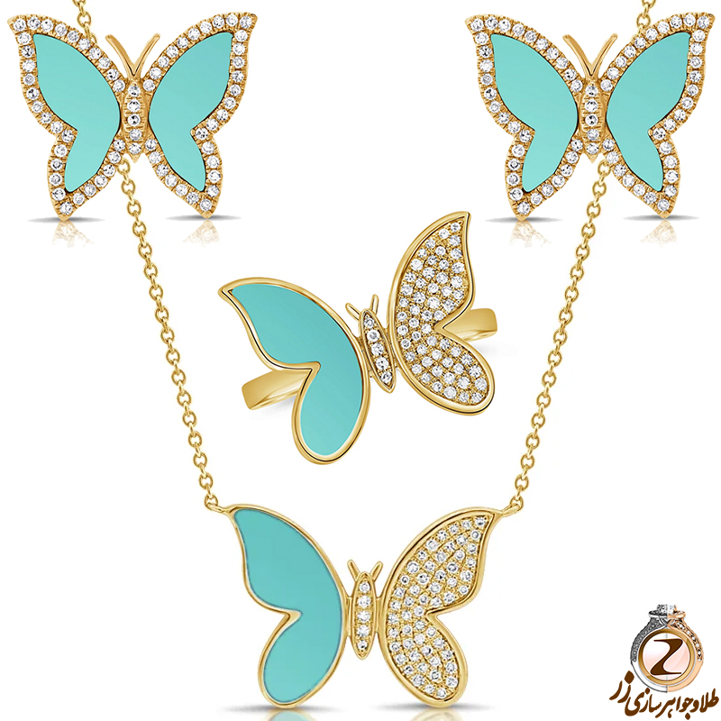 خرید و قیمت نیم ست طلا جدید زنانه و دخترانه طرح پروانه جواهر نگین فیروزه و الماس تراش برلیان - سایت زر