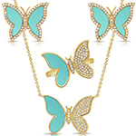 نیم ست طلا جدید زنانه و دخترانه طرح پروانه جواهر نگین فیروزه و الماس تراش برلیان مدل: hsdf1607