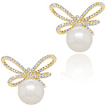 گوشواره مروارید طلا زرد زنانه و جواهر الماس تراش برلیان پشت میخی طرح خاص پاپیون مدل: edf1701