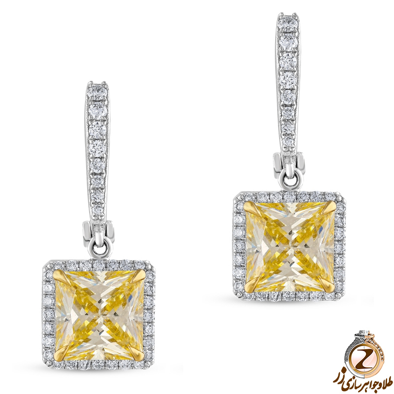 خرید گوشواره طلا سفید زنانه و جواهر الماس تراش برلیان و سیترین پشت عصایی طرح مینیمال و مدرنیته به همراه قیمت در سایت زر