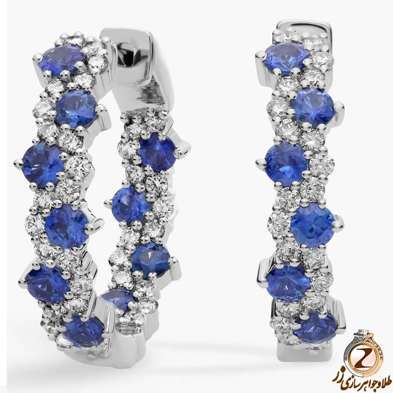 قیمت خرید گوشواره حلقه ای طلا سفید زنانه جدید جواهر یاقوت کبود و الماس تراش برلیان طرح لاکچری - سایت زر