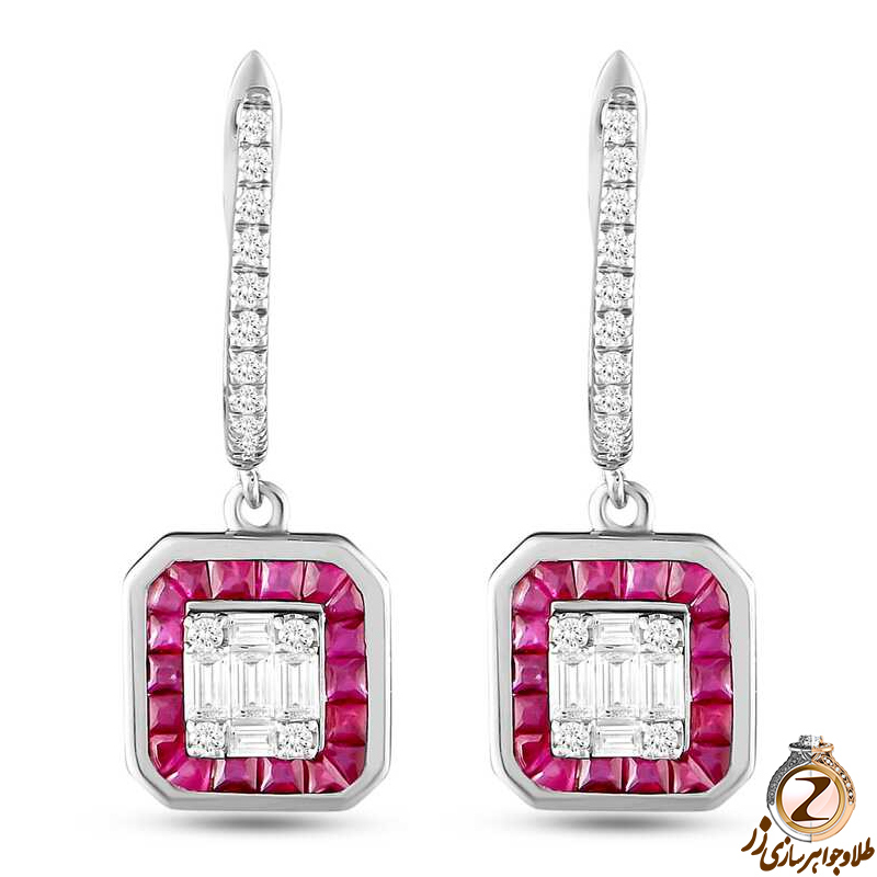 خرید گوشواره یاقوت سرخ و الماس تراش باگت و برلیان طلا سفید زنانه جدید جواهر پشت عصایی به همراه قیمت در سایت زر