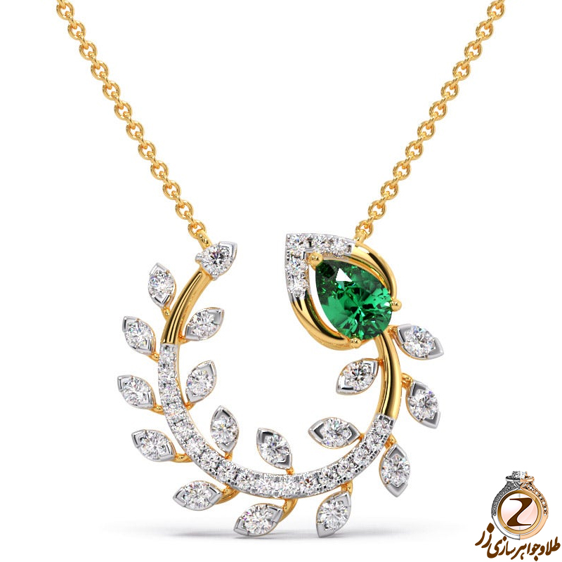 خرید و قیمت گردنبند طلا زنانه 18 عیار و جواهر زمرد و برلیان طرح برگ کاری خاص و مدرن از سایت زر 