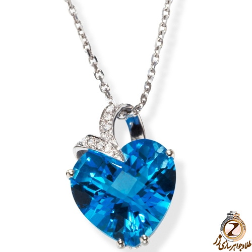 قیمت آویز قلب زنانه و دخترانه جواهر و طلای سفید با نگین توپاز آبی و برلیان 