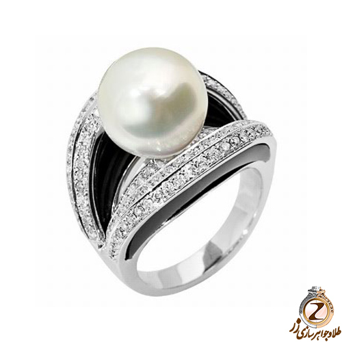 خرید و قیمت انگشتر مروارید سفید و طلا سفید 18 عیار زنانه جواهر نگین برلیان - سایت زر